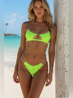 Lime Green Sexy Cut-out Clear Strap Bikini Swimsuit.